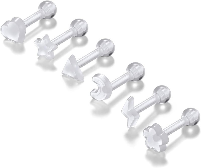PiercingJ Clear Acrylic Cartilage Earrings 16G Plastic Tongue Tragus Ring Cute Heart Star Nose Lip Stud Barbell Black Helix Piercing Retainer for Sports Surgery Work - Image 1